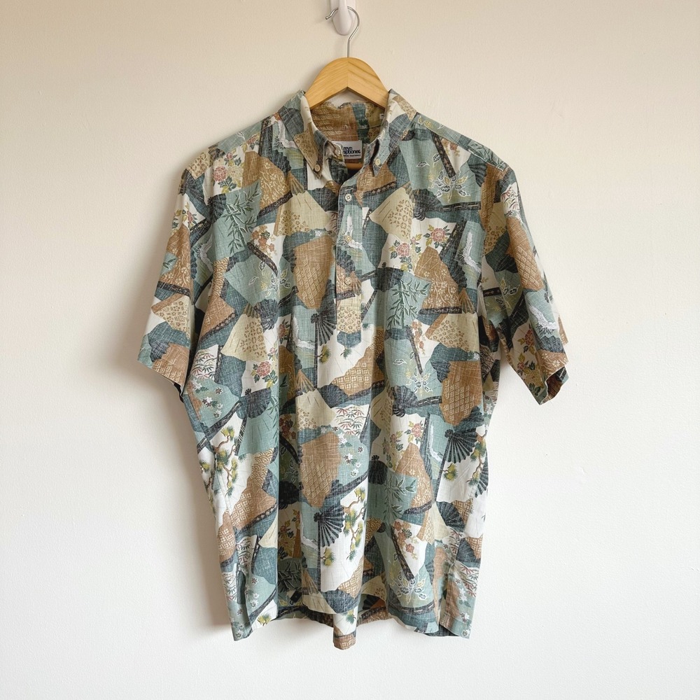 VTG Reyn Spooner Reverse Weave Popover Top Mens Large Hawaiian Fans Resort